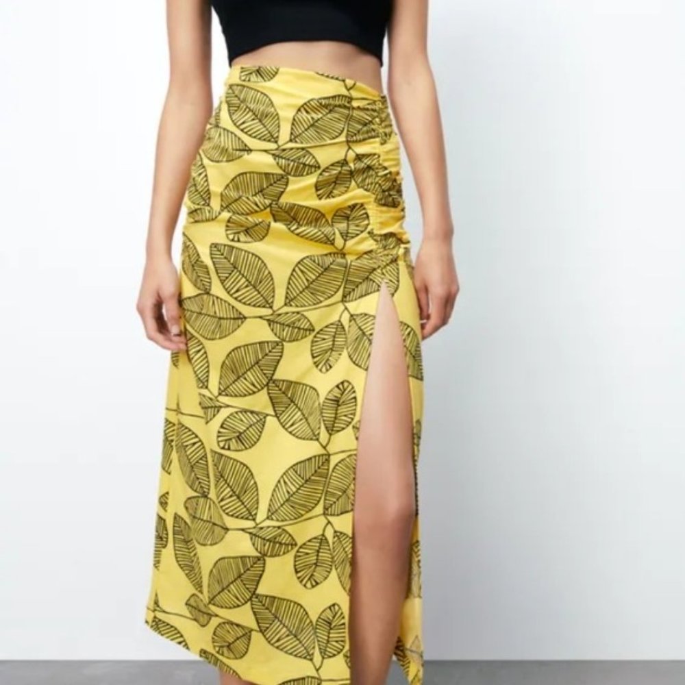 NEW! ZARA BLOGGERS FAVE Leaf Print Linen Blend High-Waisted Split Skirt …